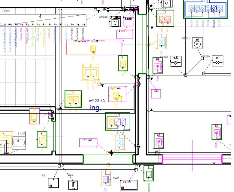Planimetria CAD di un impianto: distribuzione, apparecchiature e sigle di progetto